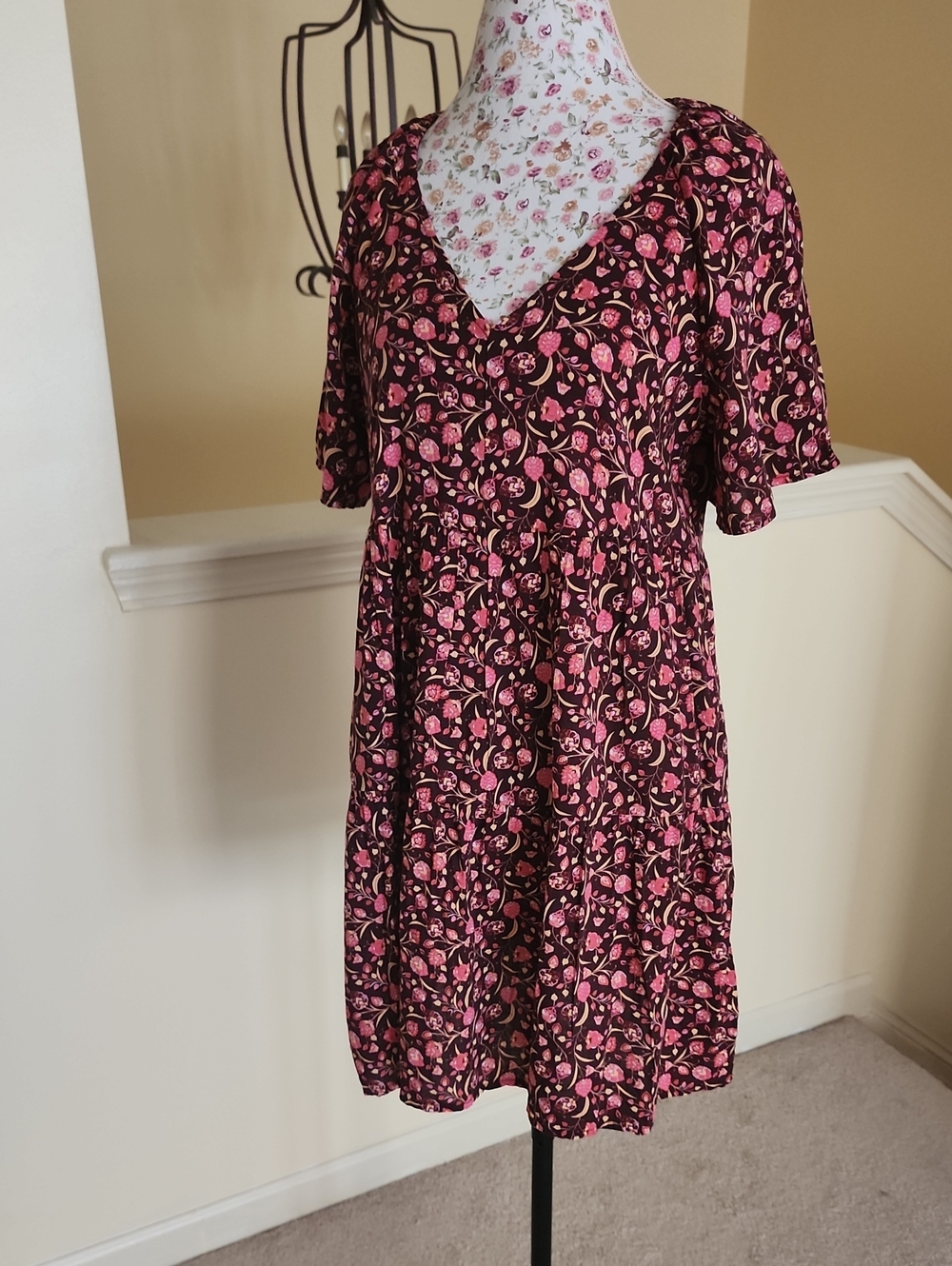 Old Navy Pink Floral V-Neck Dress on Brown